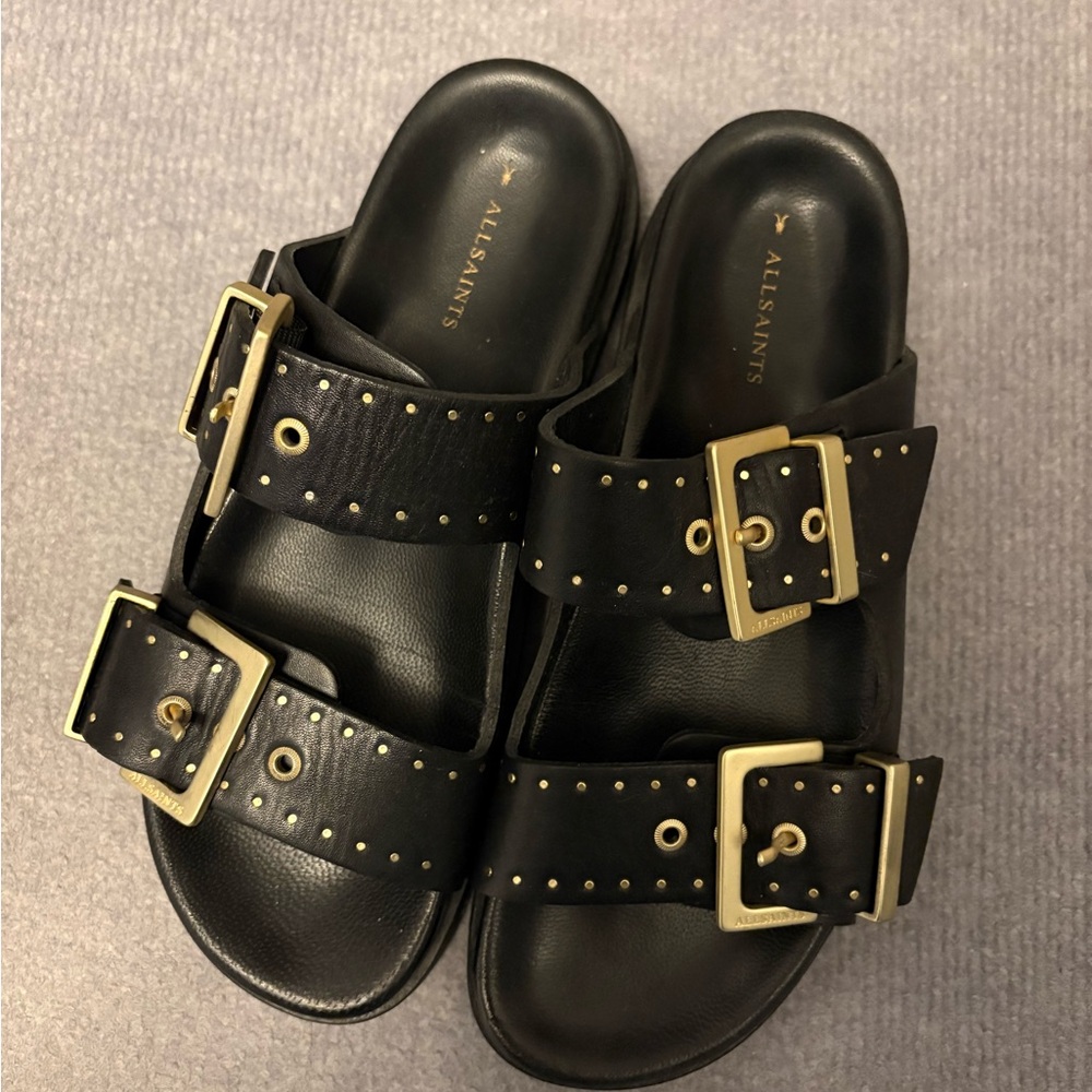 AllSaints Black Sandals with Gold Buckles